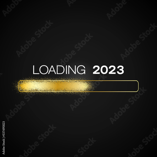 Vector - Loading bar in gold with the message loading 2023 over dark background - new year concept - represents the new year 2023.