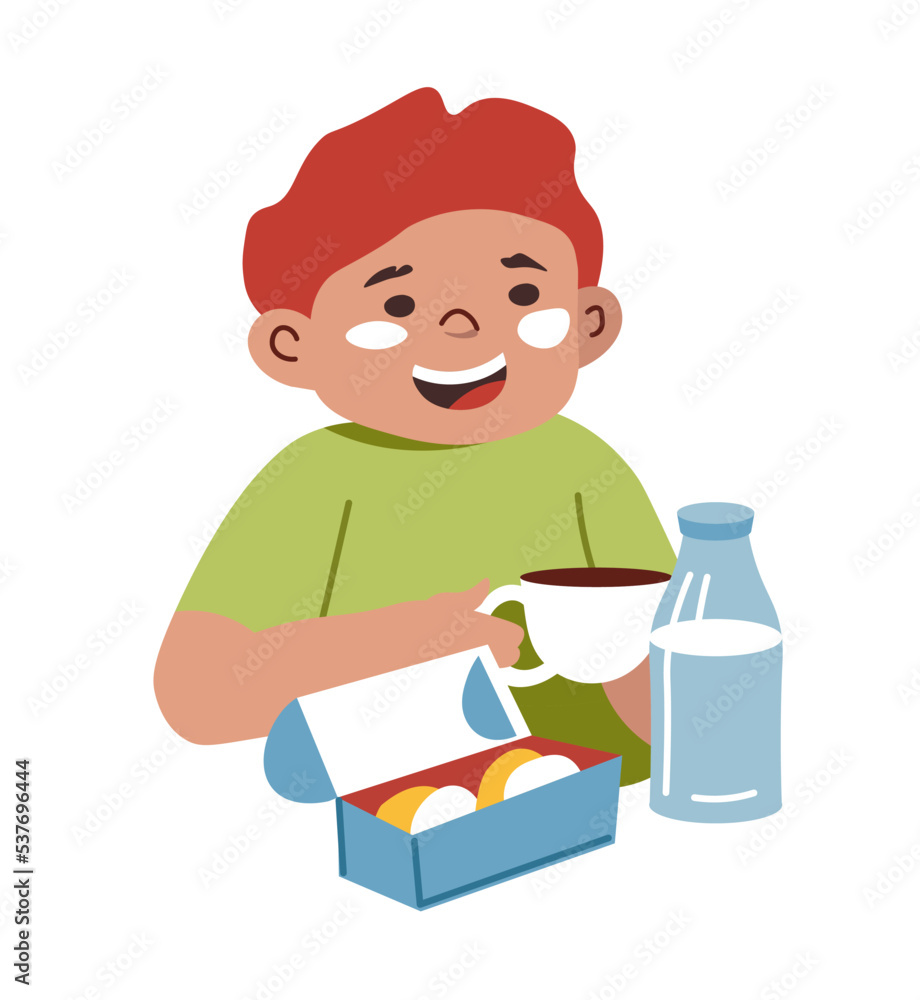 Kid boy eating lunch at school, tea and sweets Kid boy eating lunch at school, tea and sweets