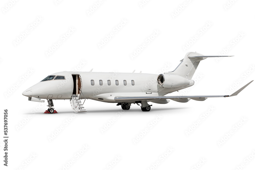 White luxury corporate aircraft with an opened gangway door isolated on transparent background
