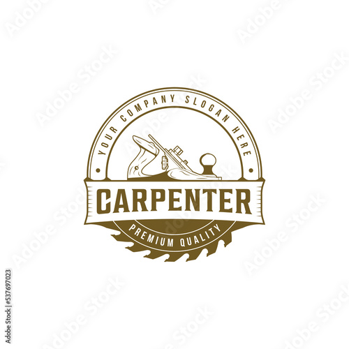 Woodwork carpenter and axe vintage logo with illustration design, carpenter logo design with hammer and circular saw or blade, carpenter logo emblem badge vintage with vector sawmill. Retro; Vintage; 