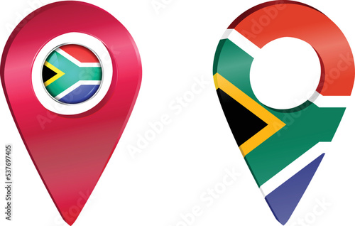 Destination pin icon with South Africa flag.Location red map marker