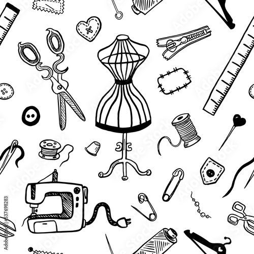 Cute cartoon Sewing tools seamless pattern. Zipper, needle and thread for fabric, textile