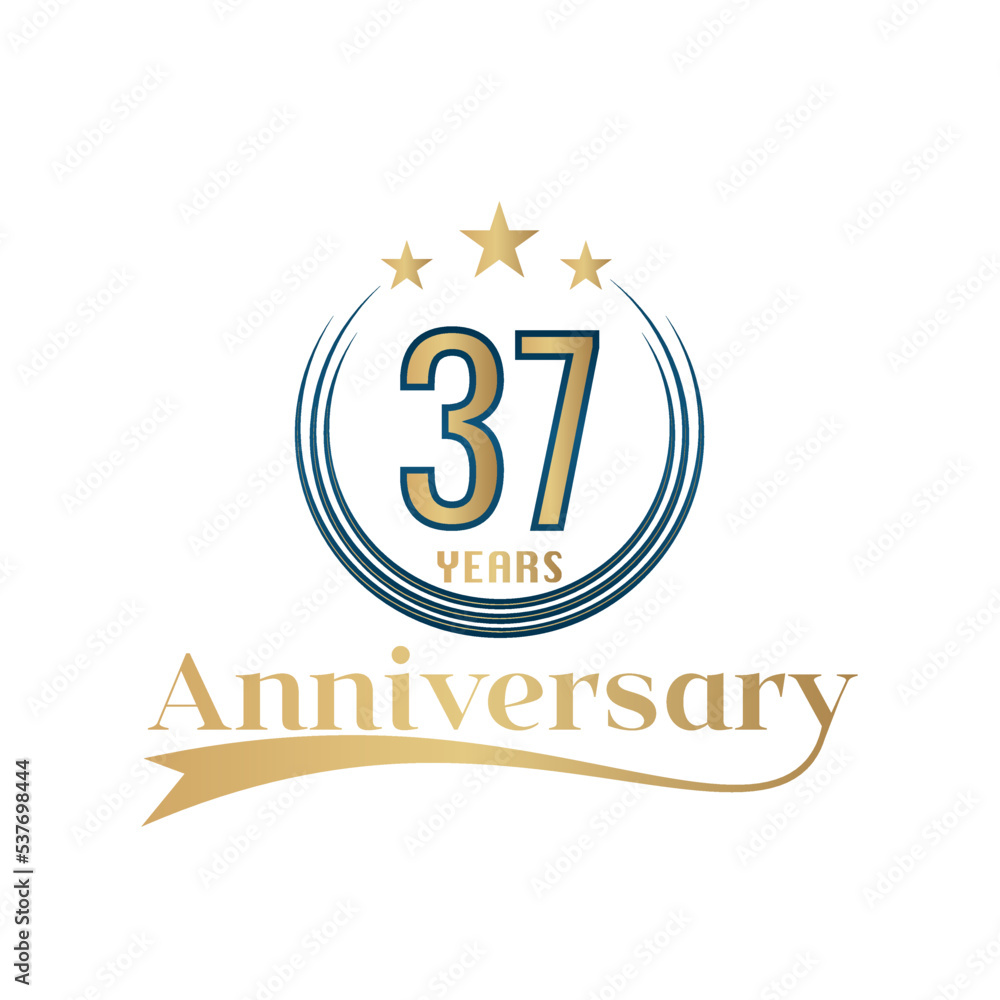Fototapeta premium 37 Year Anniversary Vector Template Design Illustration. Gold And Blue color design with ribbon