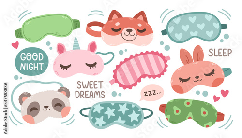 Eye mask vector sleeping night accessory relax rest in traveling illustration set isolated sleep mask vector