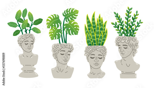 Trendy collection of home plants in statue heads flowerpots pack icons. Set of houseplants in pots modern illustrations.