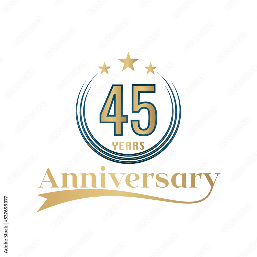 45 Year Anniversary Vector Template Design Illustration. Gold And Blue color design with ribbon 45 Year Anniversary Vector Template Design Illustration. Gold And Blue color design with ribbon
