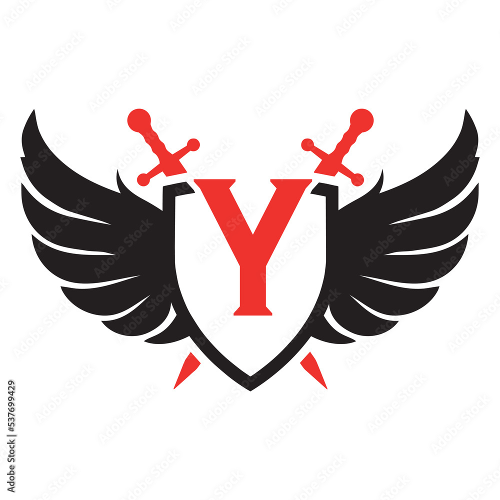 wing Letter Y with sheild swords concept wing Letter Y with sheild swords concept