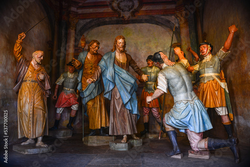 Masterpiece polychrome sculptures of baroque artist Aleijadinho inside one of the chapels illustrating the Stations of the Cross, Sanctuary of Bom Jesus de Matosinhos, Congonhas, Minas Gerais, Brazil