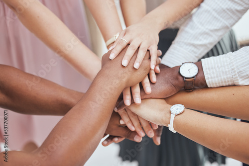 Collaboration  diversity and support hands of people come together for teamwork  goal motivation and community. Partnership  solidarity and business employee cooperation for startup company success