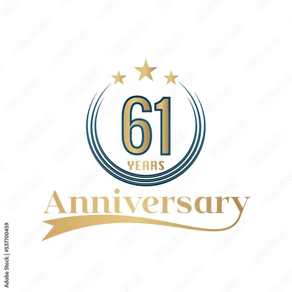 61th Year Anniversary Vector Template Design Illustration. Gold And Blue color design with ribbon