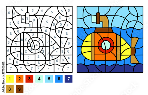 Vector coloring page for children education and activities. Puzzle game color by number submarine