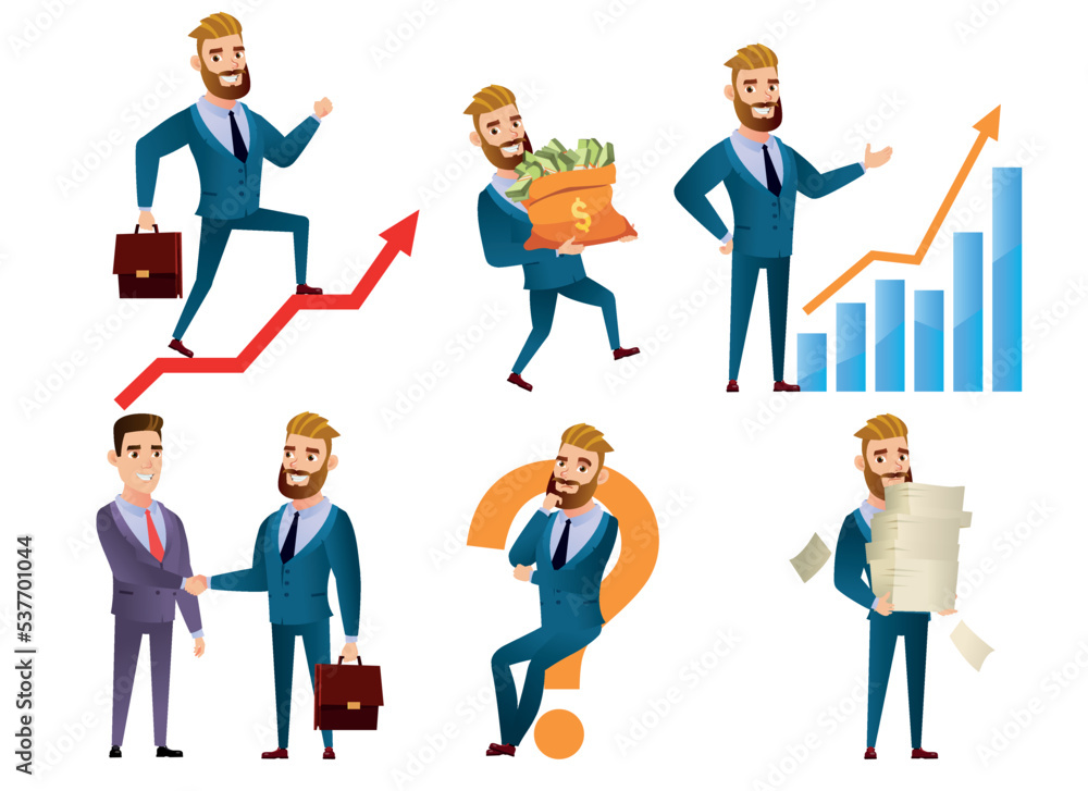 A cartoon businessman in different situations A cartoon businessman in different situations