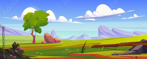Beautiful green meadow in mountain valley. Cartoon vector illustration of panoramic natural landscape, summer field with lush grass, stones, tree and rocks on horizon under calm blue sky with clouds