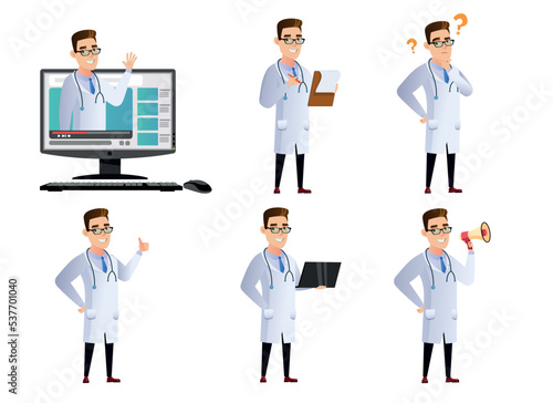 A set of cartoon doctor in different poses and actions