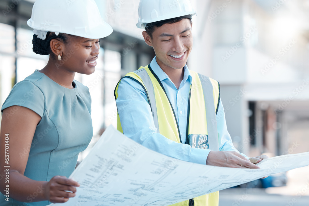 Architect, team and building blueprint for planning at construction site for architecture design outside. Happy builder or contractor in teamwork smile holding paper layout for industrial development Architect, team and building blueprint for planning at construction site for architecture design outside. Happy builder or contractor in teamwork smile holding paper layout for industrial development