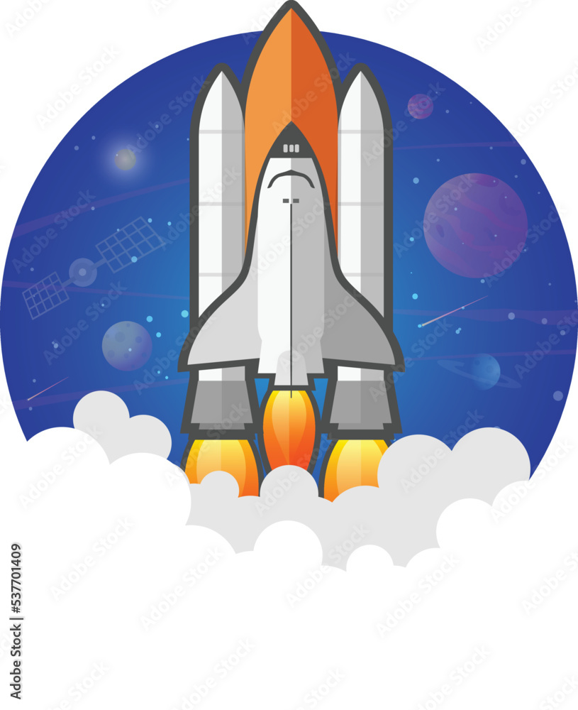Rocket launch and space background with abstract shape and planets. Web design. space exploring. vector illustration