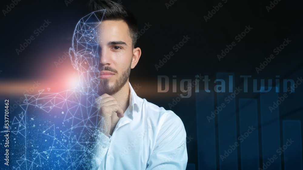 Young businessman with his digital projection on dark background. Concept of digital twin - obrazy, fototapety, plakaty 