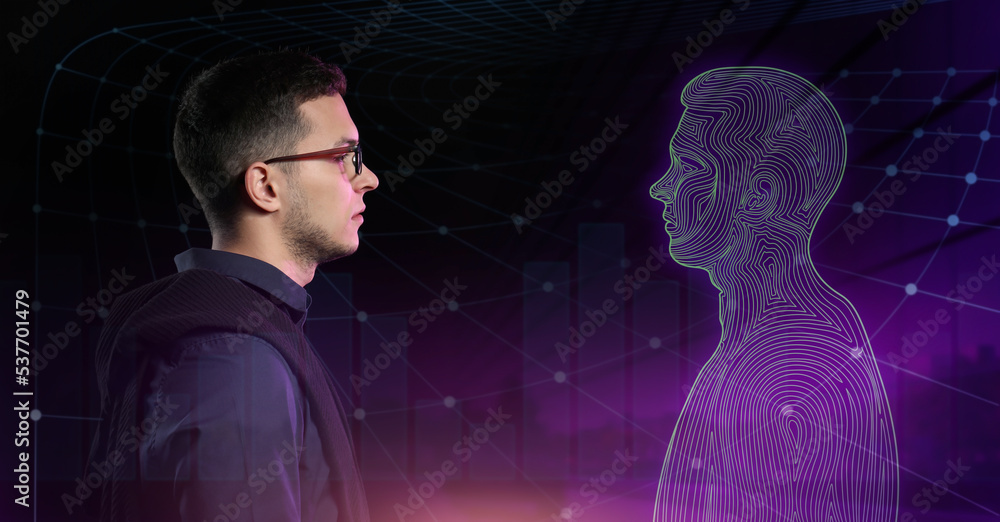 Young man with his digital projection on dark background. Concept of digital twin - obrazy, fototapety, plakaty 