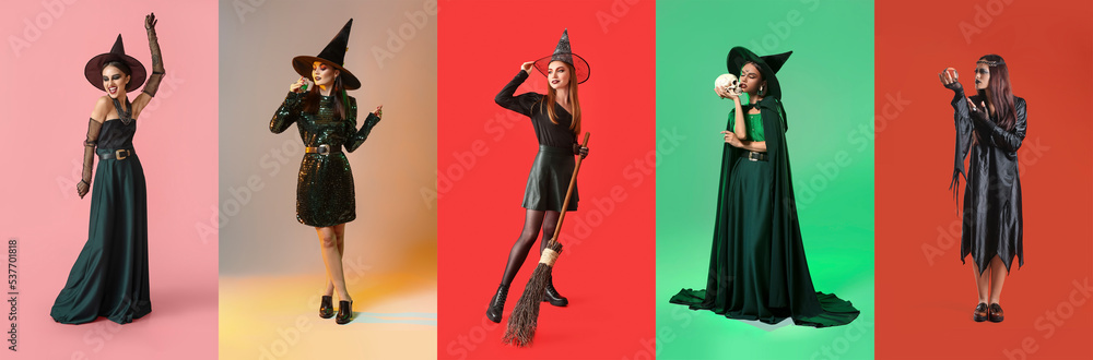 Collage with young witches on colorful background