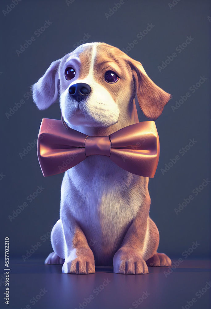 Cute and adorable doggy wearing a bow tie and Christmas hat. Dog holding a gift box during christmas in cartoon style. Fluffy dog in christmas. 
