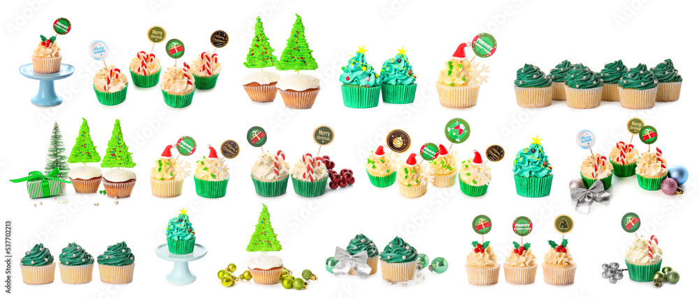 Set of many tasty Christmas cupcakes isolated on white Set of many tasty Christmas cupcakes isolated on white