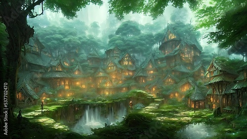 Mysterious village in the forest  Fairy tale adventure  book cover.