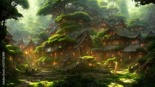 Mysterious village in the forest  Fairy tale adventure  book cover.
