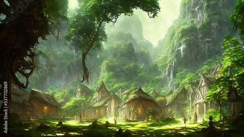 Mysterious village in the forest, Fairy tale adventure, book cover. © Korney