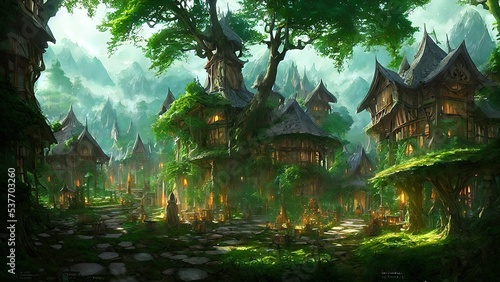 Mysterious village in the forest, Fairy tale adventure, book cover.