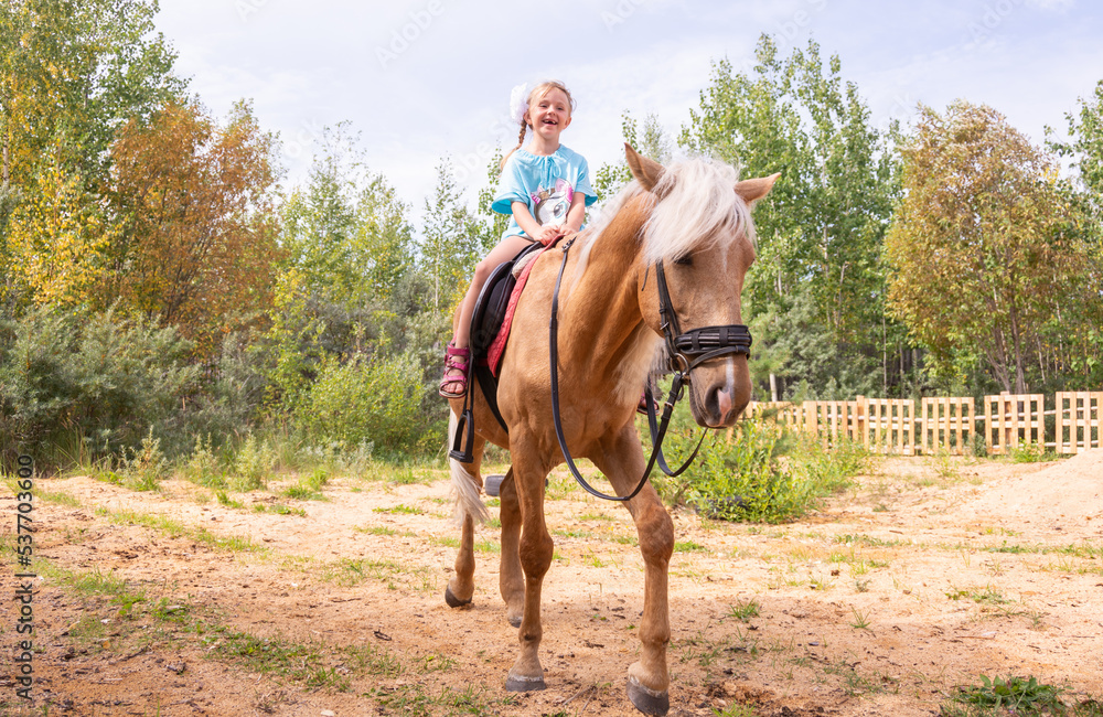 Outside on a beautiful warm day, a girl rides a horse. Outside on a beautiful warm day, a girl rides a horse.