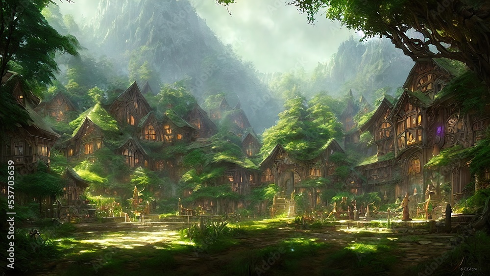 Naklejka premium Mysterious village in the forest, Fairy tale adventure, book cover.