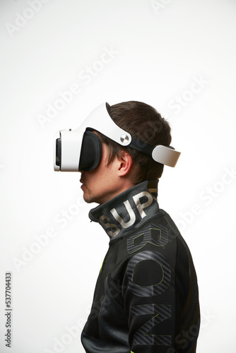 Man is using virtual reality headset. Concept of virtual, augmented and extended reality and metaverse.