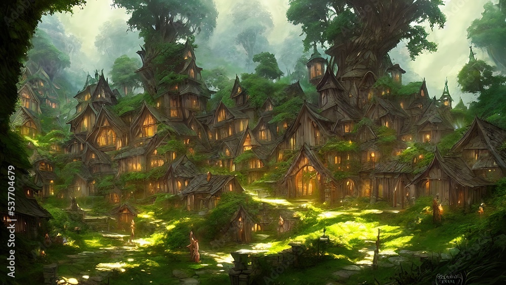 Mysterious village in the forest, Fairy tale adventure, book cover.