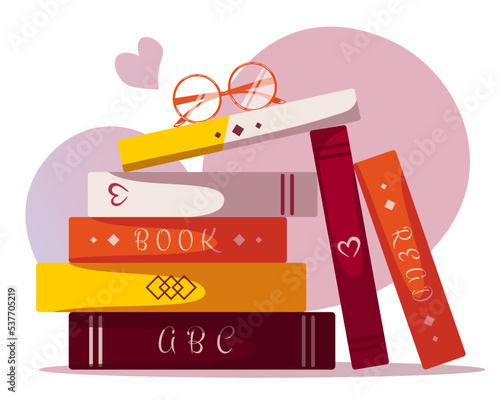 Stack of books and glasses on top. Book lover, Reading, Book store, Library, Education concept. Isolated vector illustration for flyer, poster, banner. 