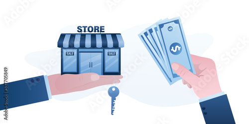 Investor buys successful startup or franchise. Businessman hand holds shop building and key. Payment after successful business negotiations. Purchase of controlling stake in an enterprise.
