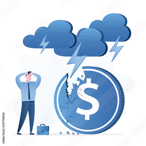 Huge dollar coin that was struck by lightning. Shocked investor, economic crisis, recession. Bad financial condition, inflation. Business troubles. financial problems. Big clouds and lightning.