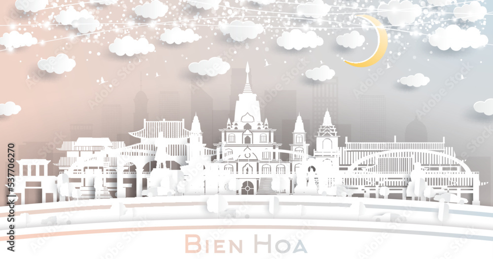 Bien Hoa Vietnam City Skyline in Paper Cut Style with White Buildings, Moon and Neon Garland.