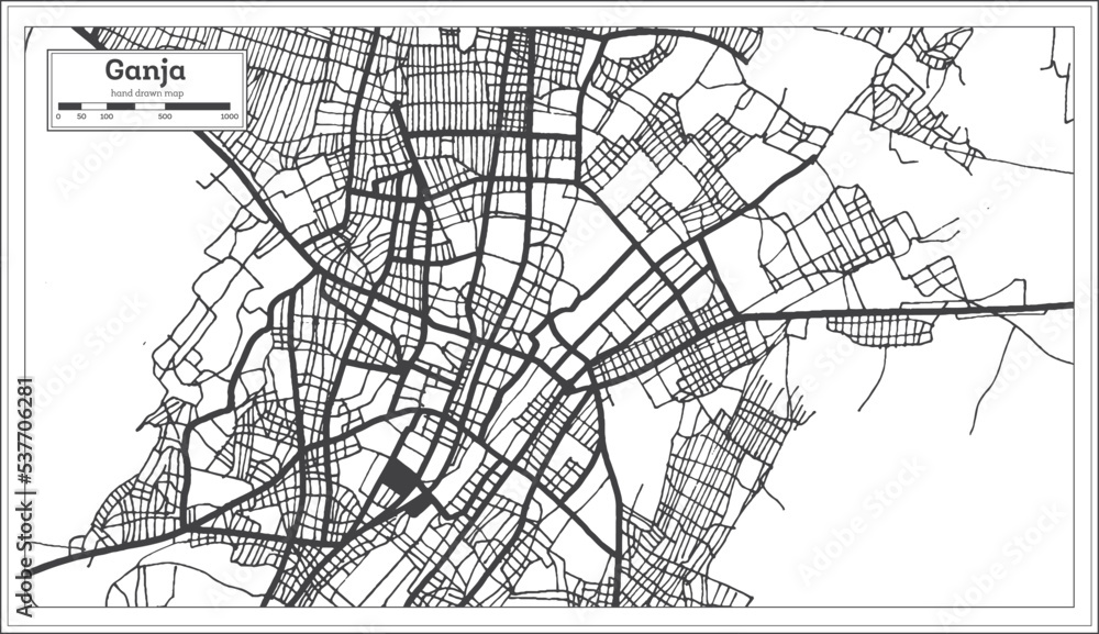 Ganja Azerbaijan City Map in Black and White Color in Retro Style Isolated on White.