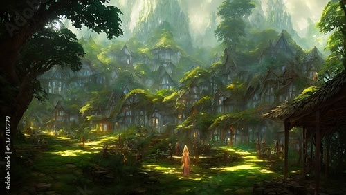 Mysterious village in the forest, Fairy tale adventure, book cover.