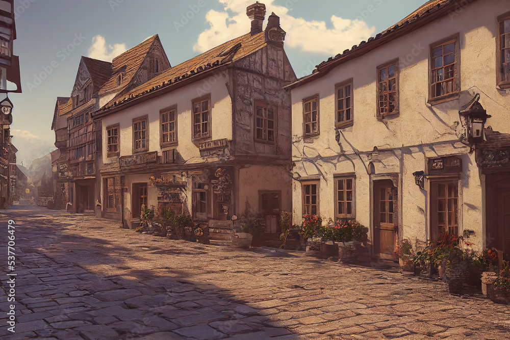 Stone houses along narrow steps in an Old European town, artistic illustration