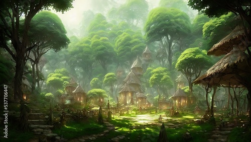 Mysterious village in the forest  Fairy tale adventure  book cover.