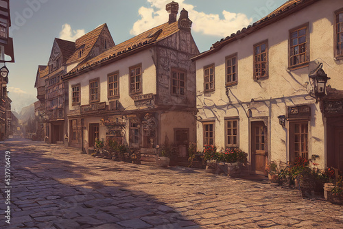 Stone houses along narrow steps in an Old European town, artistic illustration