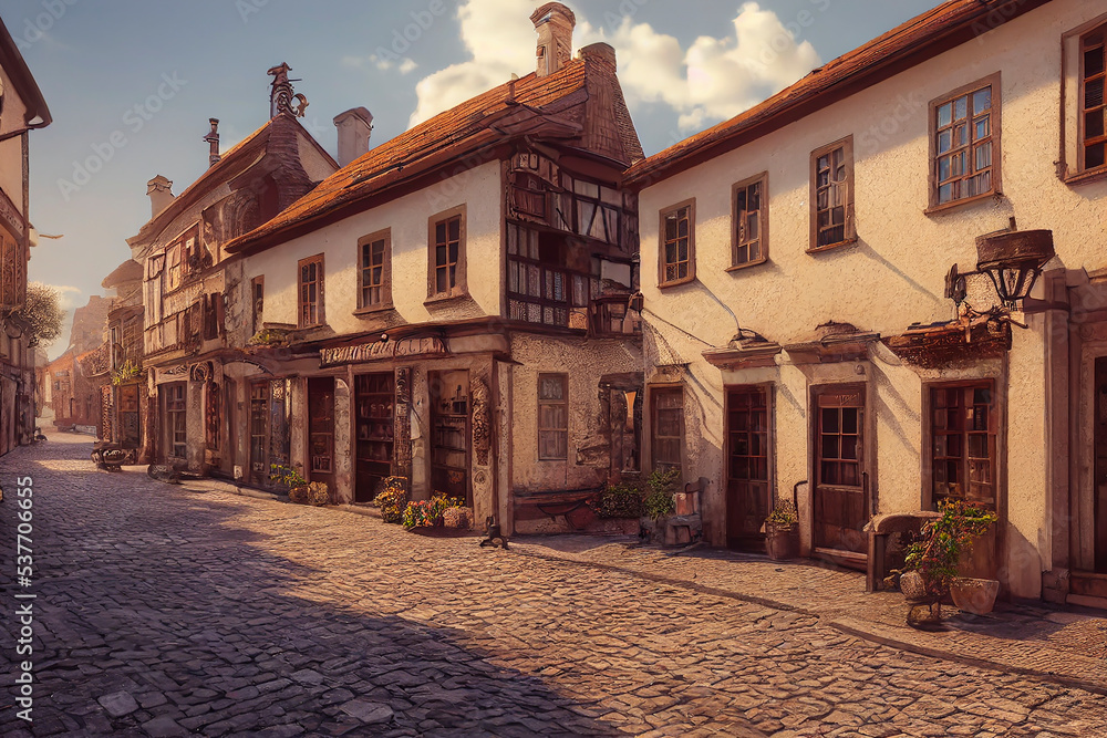 Stone houses along narrow steps in an Old European town, artistic illustration