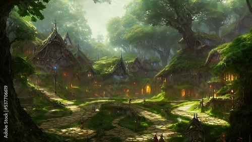 Mysterious village in the forest, Fairy tale adventure, book cover.