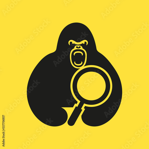 Gorilla Magnifying Logo Negative Space Concept Vector Template. Gorilla Holding Zoom Symbol