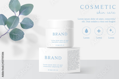 Cosmetics and skin care product ads template on white background with leaves.