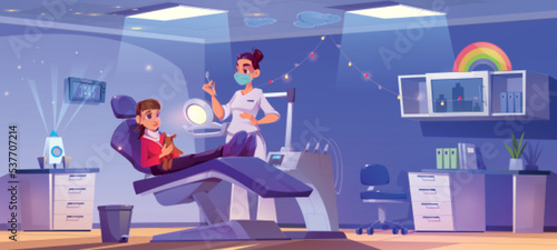 Kid at dentist clinic, little girl with toy sitting on couch at dental office for children. Doctor in medic robe and mask holding mirror for teeth and oral cavity checkup, Cartoon vector illustration