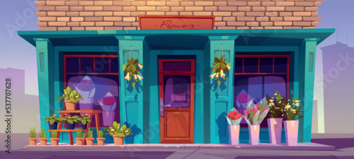 Flower shop facade, traditional store front with bouquets in vases or pots standing on street at commercial floral boutique entrance. Florist market stall city architecture Cartoon vector illustration