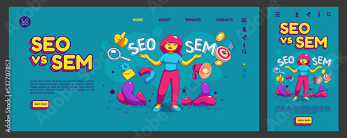Seo vs Sem landing page, app ui ux mobile app onboard screen template. Contemporary female character provide digital ads marketing and search engine optimization, Cartoon linear vector web banner