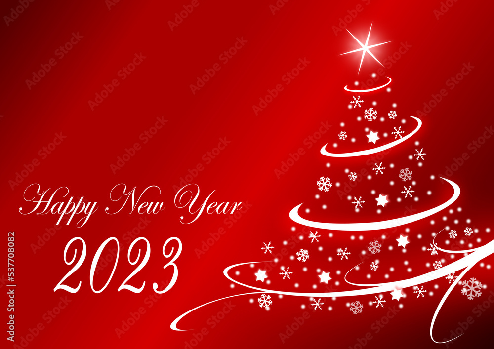 Happy new year 2023 illustration with Christmas tree on red background Happy new year 2023 illustration with Christmas tree on red background